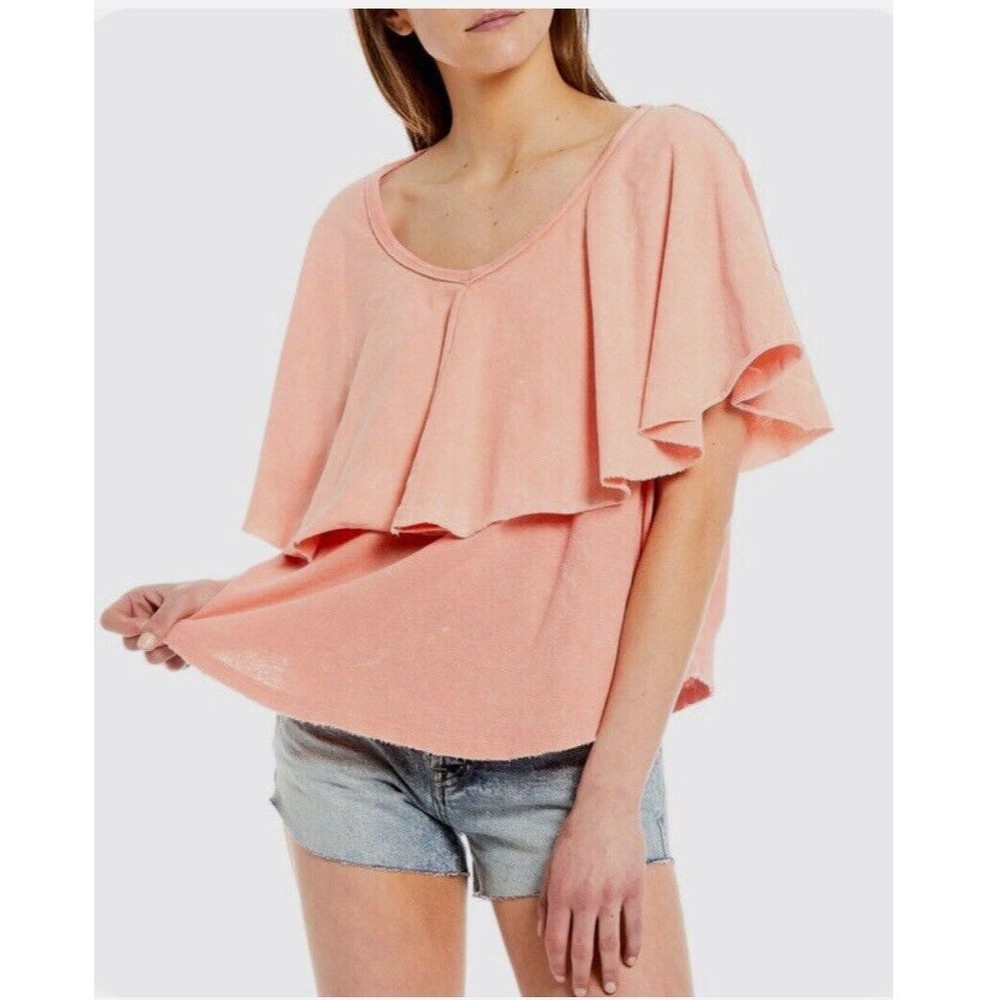 Free People Women’s Size M Girl Talk Tee Top Sunny Peach Linen Cotton $68